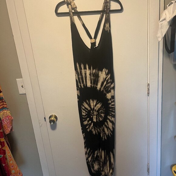 Boho Tie-Dye Rayon Jumper with Knot Straps – Black & Tan – One Size - Picture 1 of 6